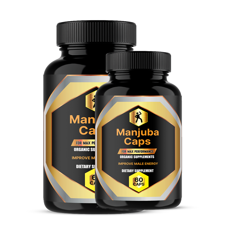 Manjuba Caps natural prostate supplement – two black bottles with gold label for men's urinary and prostate health
