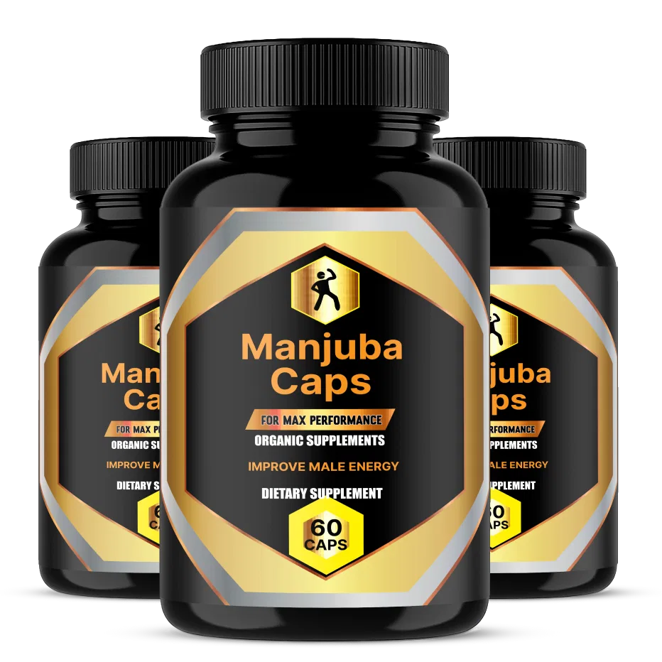 Manjuba Caps – three black bottles with gold label prostate supplement for men – front view